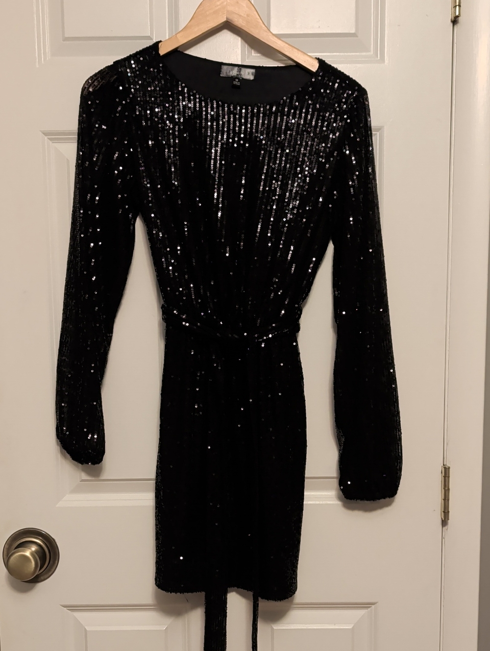 Black Sequin Long-Sleeve Tie-Waist Mini Dress